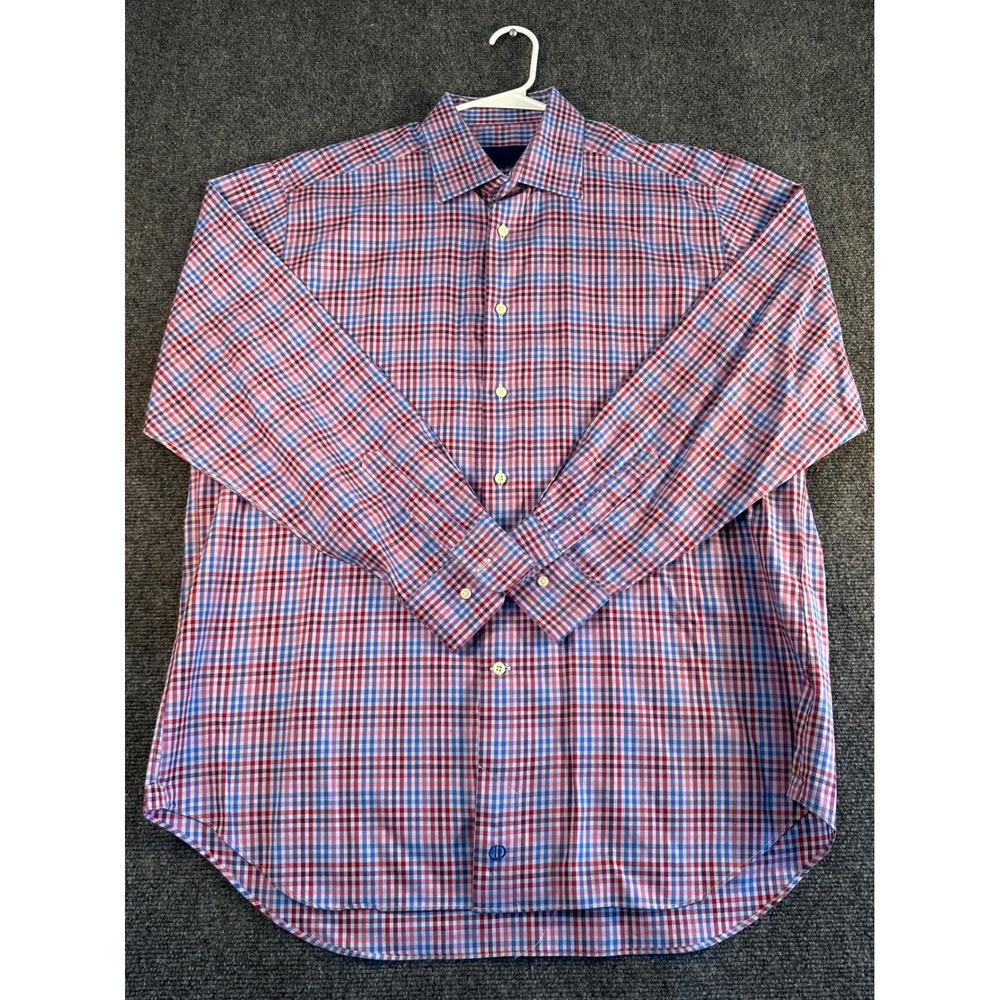 David Donahue Mens 17 34/35 Red Blue Gingham Check Dress Shirt Long Sleeve